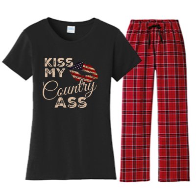 Kiss My Country Ass Patriotic Grunge Flag Lips Women's Flannel Pajama Set