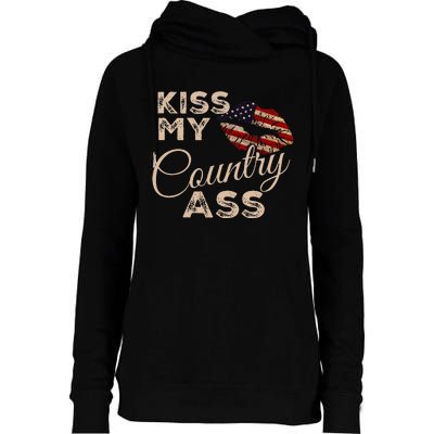 Kiss My Country Ass Patriotic Grunge Flag Lips Womens Funnel Neck Pullover Hood