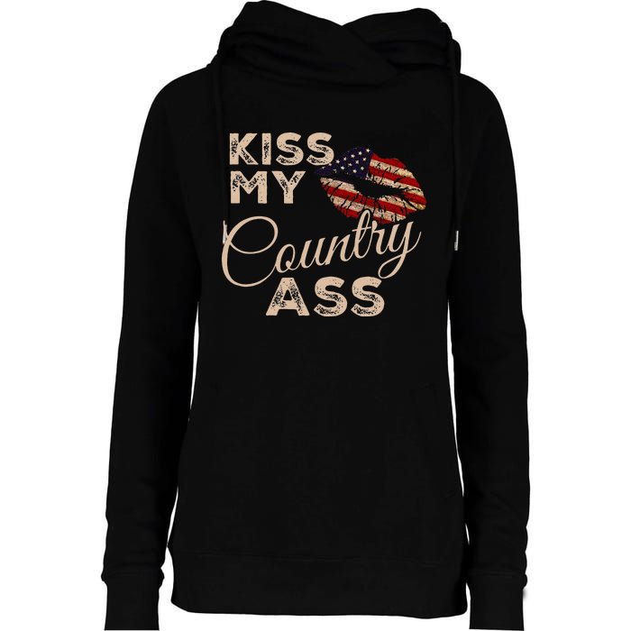 Kiss My Country Ass Patriotic Grunge Flag Lips Womens Funnel Neck Pullover Hood