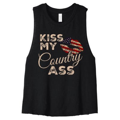 Kiss My Country Ass Patriotic Grunge Flag Lips Women's Racerback Cropped Tank