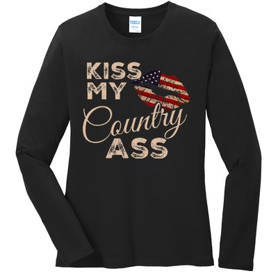 Kiss My Country Ass Patriotic Grunge Flag Lips Ladies Long Sleeve Shirt