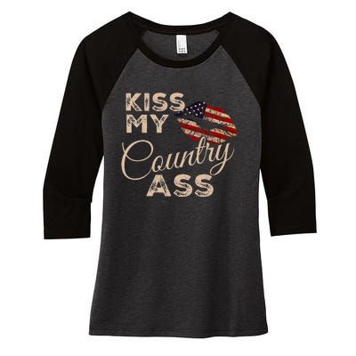 Kiss My Country Ass Patriotic Grunge Flag Lips Women's Tri-Blend 3/4-Sleeve Raglan Shirt