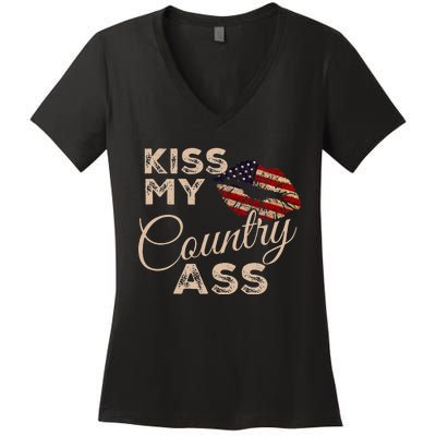 Kiss My Country Ass Patriotic Grunge Flag Lips Women's V-Neck T-Shirt