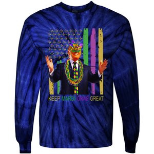 Keep Mardi Gras Great Funny Trump Mardi Gras 2025 Flag Tie-Dye Long Sleeve Shirt