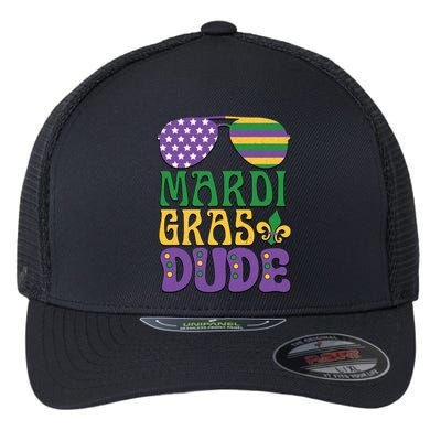 Kids Mardi Gras Dude Funny Vintage American Flag Sunglasses Gift Flexfit Unipanel Trucker Cap