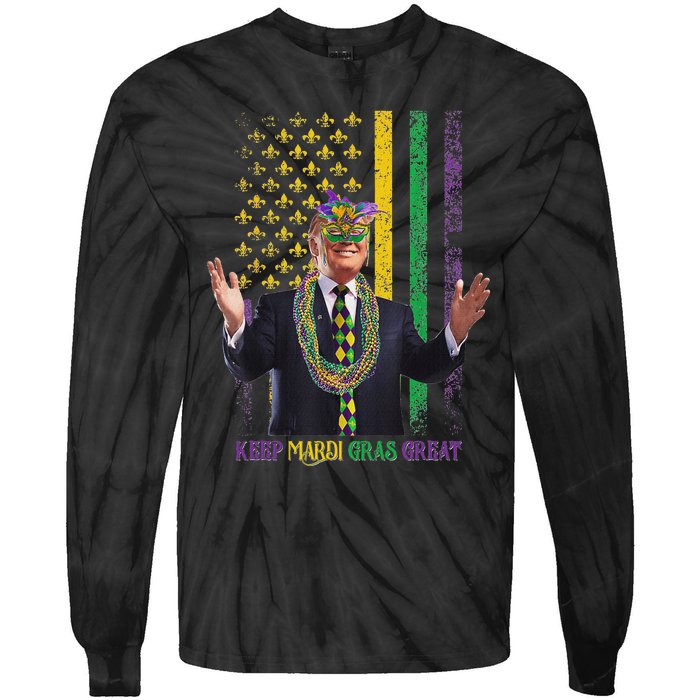 Keep Mardi Gras Great Funny Trump Mardi Gras 2025 Flag Tie-Dye Long Sleeve Shirt