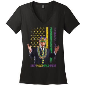 Keep Mardi Gras Great Funny Trump Mardi Gras 2025 Flag Women's V-Neck T-Shirt