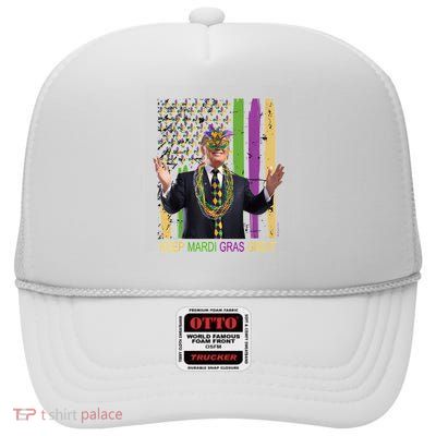 Keep Mardi Gras Great Funny Trump Mardi Gras Flag High Crown Mesh Back Trucker Hat