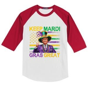 Keep Mardi Gras Great Funny Trump Mardi Gras 2025 Flag Kids Colorblock Raglan Jersey