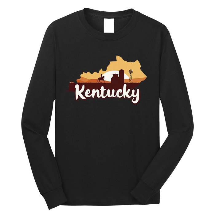 Kentucky Map Horse Riding Cow Barn Windmill Ky Souvenir Long Sleeve Shirt