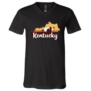 Kentucky Map Horse Riding Cow Barn Windmill Ky Souvenir V-Neck T-Shirt