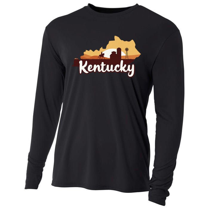 Kentucky Map Horse Riding Cow Barn Windmill Ky Souvenir Cooling Performance Long Sleeve Crew