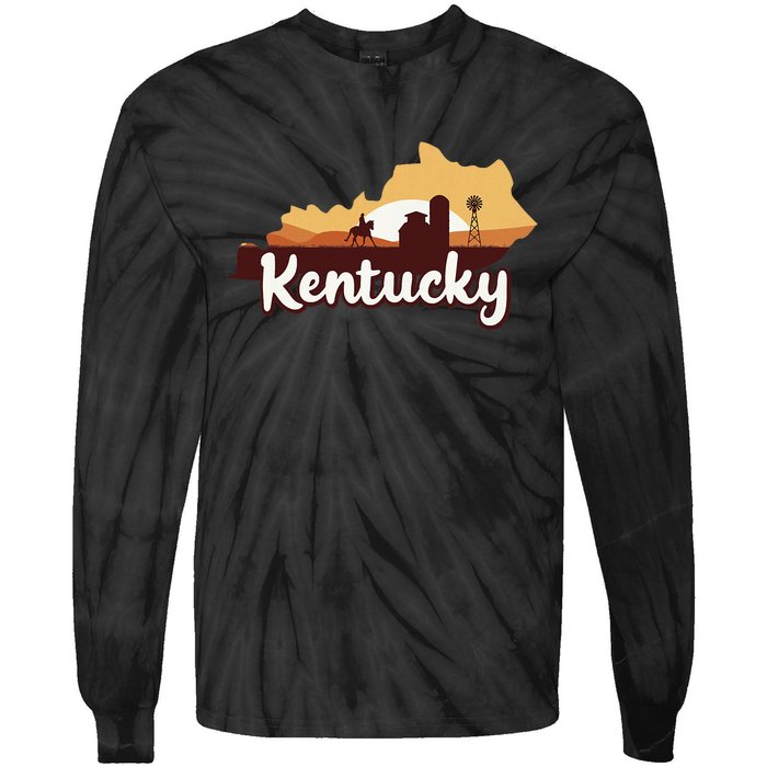 Kentucky Map Horse Riding Cow Barn Windmill Ky Souvenir Tie-Dye Long Sleeve Shirt