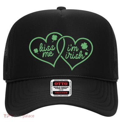 Kiss Me IM Irish Heart Lucky Charm Shamrock St Patricks Day High Crown Mesh Back Trucker Hat