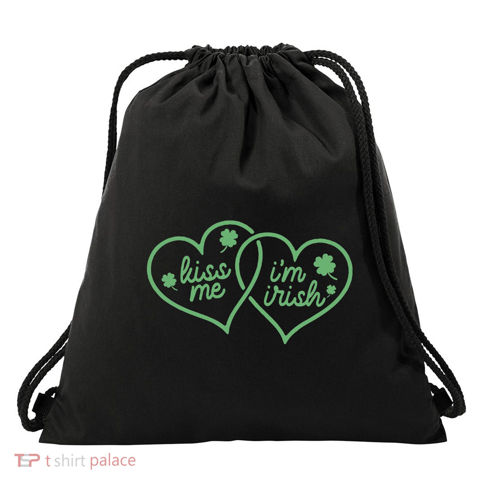 Kiss Me IM Irish Heart Lucky Charm Shamrock St Patricks Day Drawstring Bag