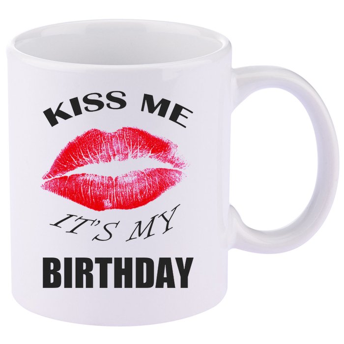 Kiss Me It's My Birthday 11oz C Handle Ceramic Mug