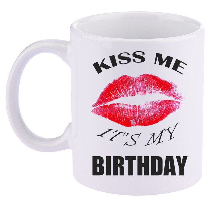 Kiss Me It's My Birthday 11oz C Handle Ceramic Mug