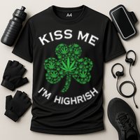 Kiss Me I'm Highrish Clover Marijuana Funny Irish St Patrick Day Cooling Performance Crew T-Shirt