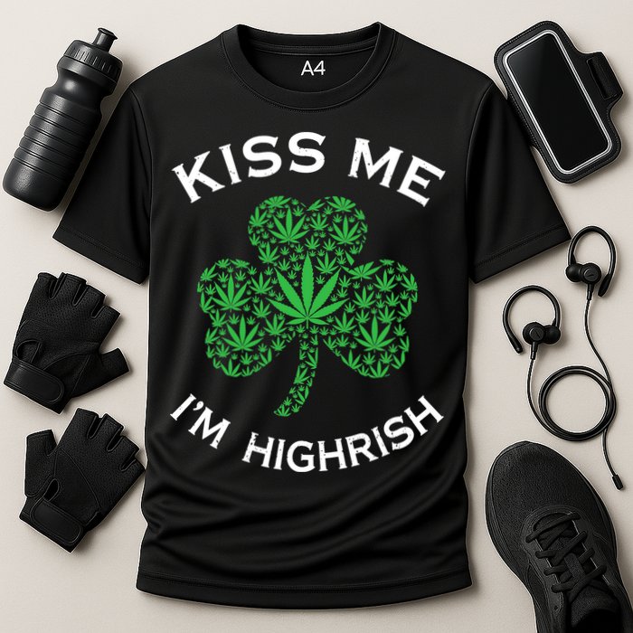 Kiss Me I'm Highrish Clover Marijuana Funny Irish St Patrick Day Cooling Performance Crew T-Shirt