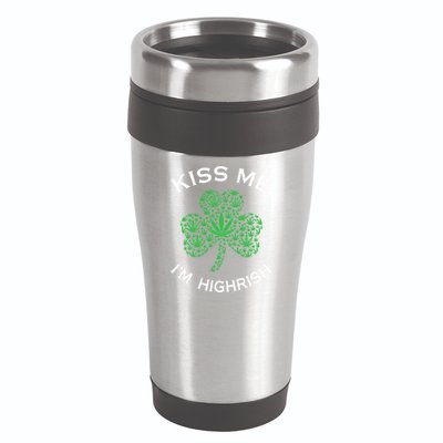 Kiss Me I'm Highrish Clover Marijuana Funny Irish St Patrick Day 16oz Travel Tumbler