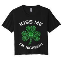 Kiss Me I'm Highrish Clover Marijuana Funny Irish St Patrick Day Women's Crop Top Tee
