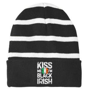 Kiss Mee I'm Black Irish St. Patricks Day Quote Striped Beanie with Solid Band