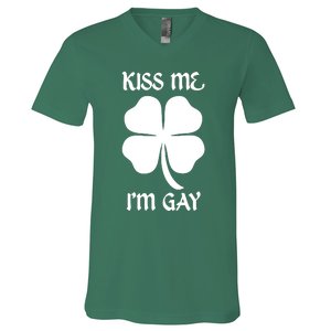 Kiss Me I’M Gay Four Leaf Clover Funny St Patricks Day V-Neck T-Shirt