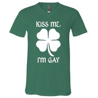 Kiss Me I’M Gay Four Leaf Clover Funny St Patricks Day V-Neck T-Shirt