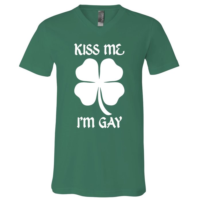 Kiss Me I’M Gay Four Leaf Clover Funny St Patricks Day V-Neck T-Shirt