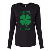 Kiss Me I’M Gay Four Leaf Clover Funny St Patricks Day Womens Cotton Relaxed Long Sleeve T-Shirt