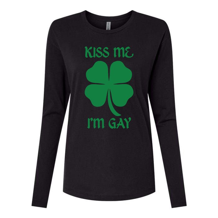 Kiss Me I’M Gay Four Leaf Clover Funny St Patricks Day Womens Cotton Relaxed Long Sleeve T-Shirt