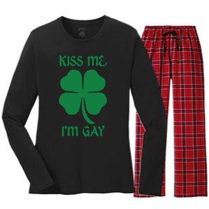 Kiss Me I’M Gay Four Leaf Clover Funny St Patricks Day Women's Long Sleeve Flannel Pajama Set 