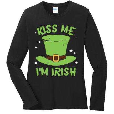 Kiss Me Im Irish Shamrock Hat Funny Gift Ladies Long Sleeve Shirt