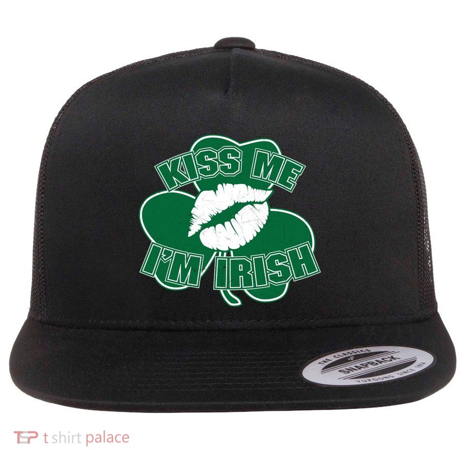 Kiss Me I'm Irish Lips Flat Bill Trucker Hat