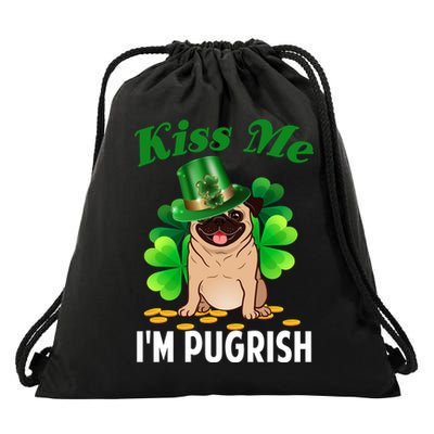 Kiss Me Im Pugrish Funny Saint Patricks Day Pug Irish Clover Drawstring Bag