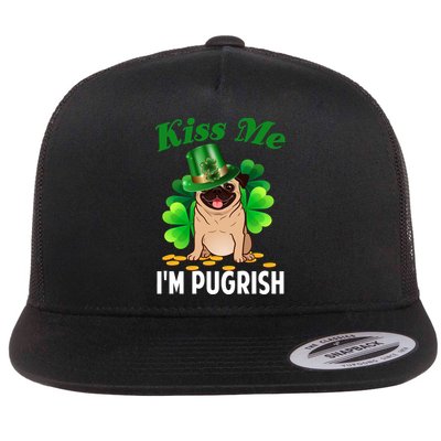 Kiss Me Im Pugrish Funny Saint Patricks Day Pug Irish Clover Flatbill Hat