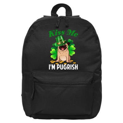 Kiss Me Im Pugrish Funny Saint Patricks Day Pug Irish Clover 16 in Basic Backpack
