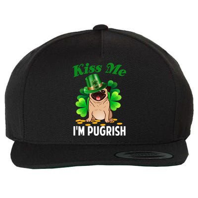 Kiss Me Im Pugrish Funny Saint Patricks Day Pug Irish Clover Wool Snapback Cap