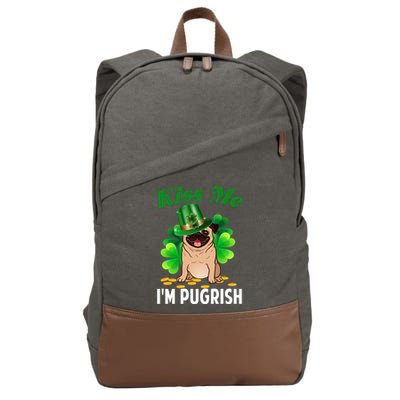 Kiss Me Im Pugrish Funny Saint Patricks Day Pug Irish Clover Cotton Canvas Backpack