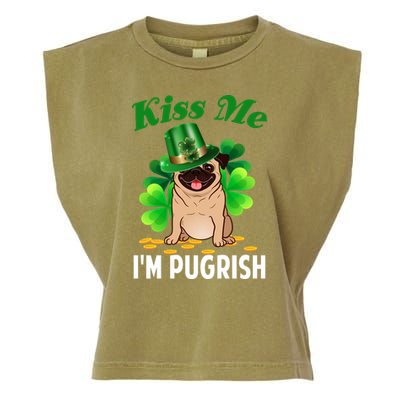 Kiss Me Im Pugrish Funny Saint Patricks Day Pug Irish Clover Garment-Dyed Women's Muscle Tee