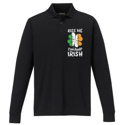 Kiss Me I'm Half Irish Funny St Patricks Day Performance Long Sleeve Polo