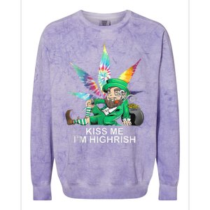 Kiss Me IM Highrish Leprechaun Weed Leaf St Patricks Day Colorblast Crewneck Sweatshirt