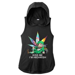 Kiss Me IM Highrish Leprechaun Weed Leaf St Patricks Day Ladies PosiCharge Tri-Blend Wicking Draft Hoodie Tank