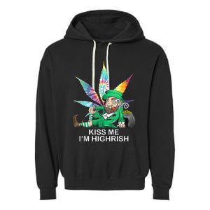 Kiss Me IM Highrish Leprechaun Weed Leaf St Patricks Day Garment-Dyed Fleece Hoodie