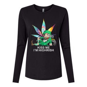 Kiss Me IM Highrish Leprechaun Weed Leaf St Patricks Day Womens Cotton Relaxed Long Sleeve T-Shirt