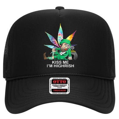 Kiss Me IM Highrish Leprechaun Weed Leaf St Patricks Day High Crown Mesh Back Trucker Hat