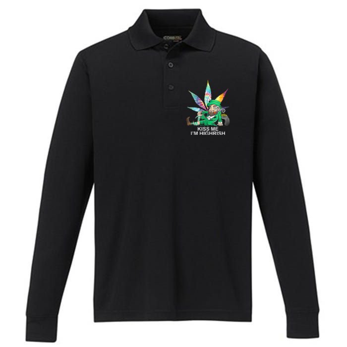 Kiss Me IM Highrish Leprechaun Weed Leaf St Patricks Day Performance Long Sleeve Polo