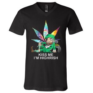 Kiss Me IM Highrish Leprechaun Weed Leaf St Patricks Day V-Neck T-Shirt