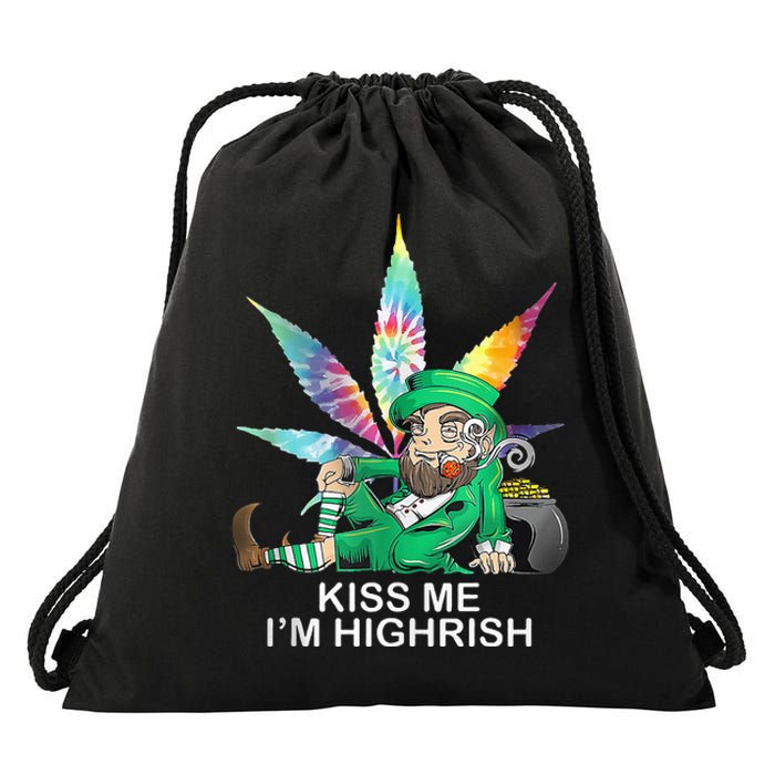 Kiss Me IM Highrish Leprechaun Weed Leaf St Patricks Day Drawstring Bag