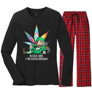 Kiss Me IM Highrish Leprechaun Weed Leaf St Patricks Day Women's Long Sleeve Flannel Pajama Set 